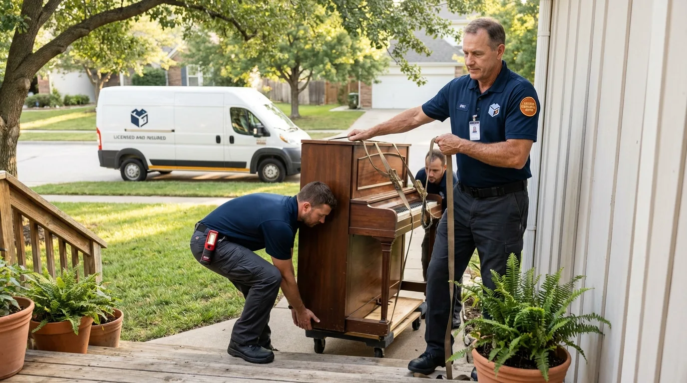 Licensed piano movers securing grand piano in Paris, KY