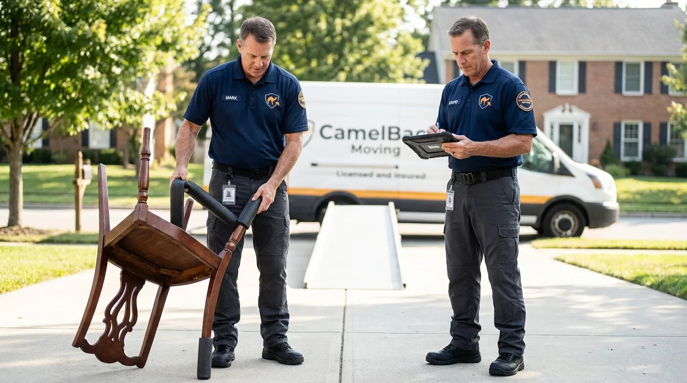 Movers inspecting furniture for damage prevention before loading in Paris, KY