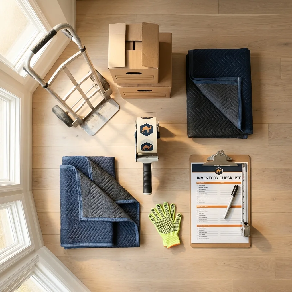 Professional moving supplies and packing materials layout for Paris residential relocations